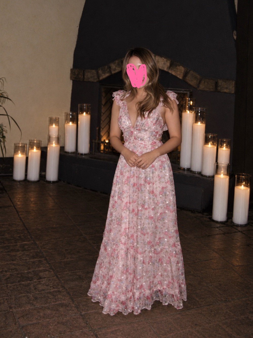 Women’s Pink Floral Lace Evening Gown - Honey